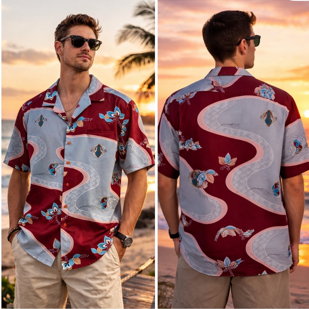 Vintage Mark Raysten Malihini Hawaiian Shirt Men’s L Crane Print Red Gray